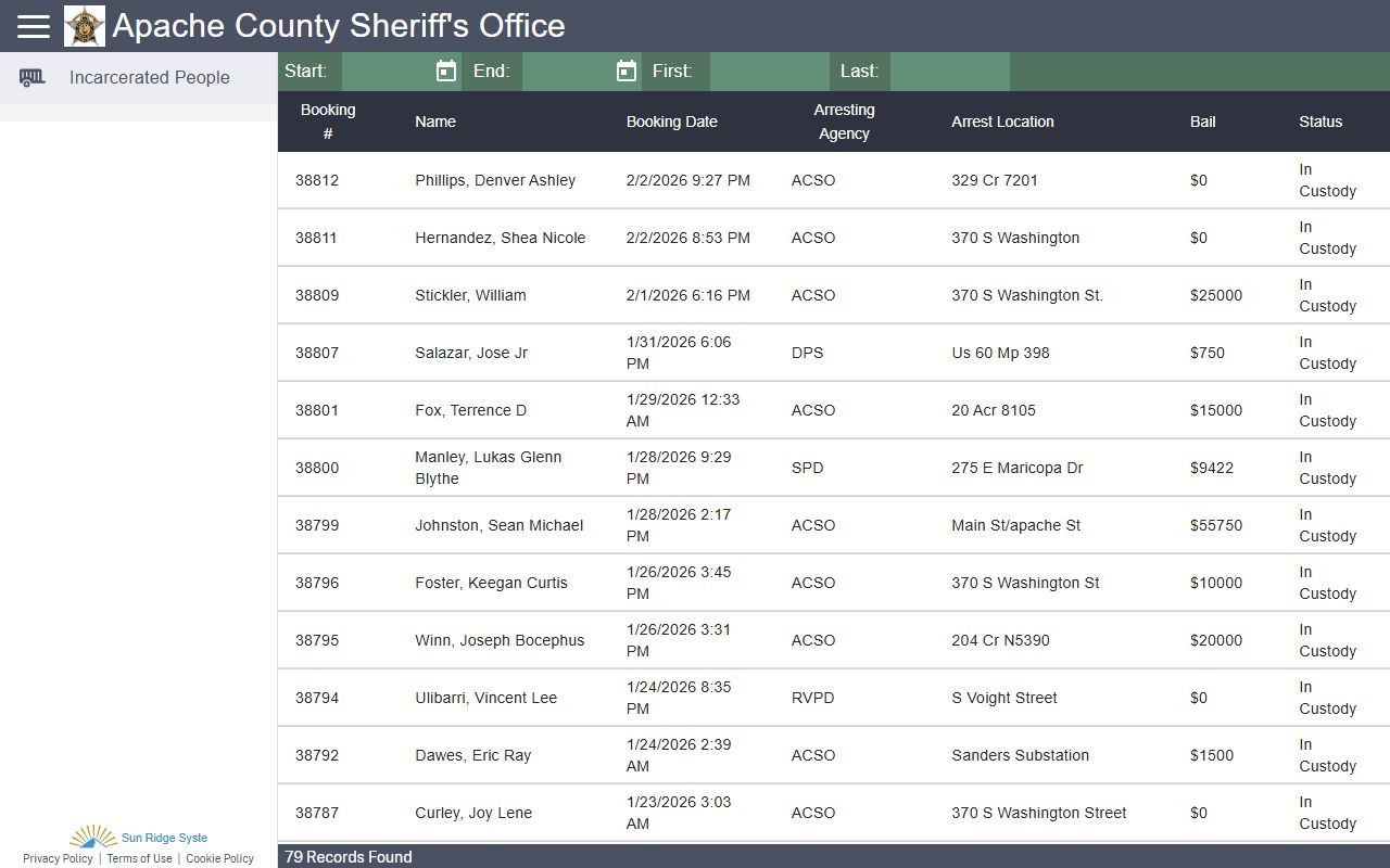 Apache County citizenRIMS inmate search portal