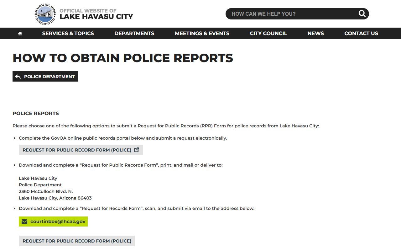 Lake Havasu City Police Department records request page