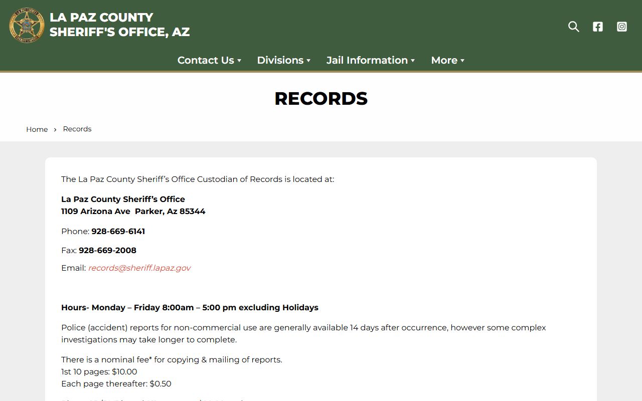 La Paz County Sheriff records information page