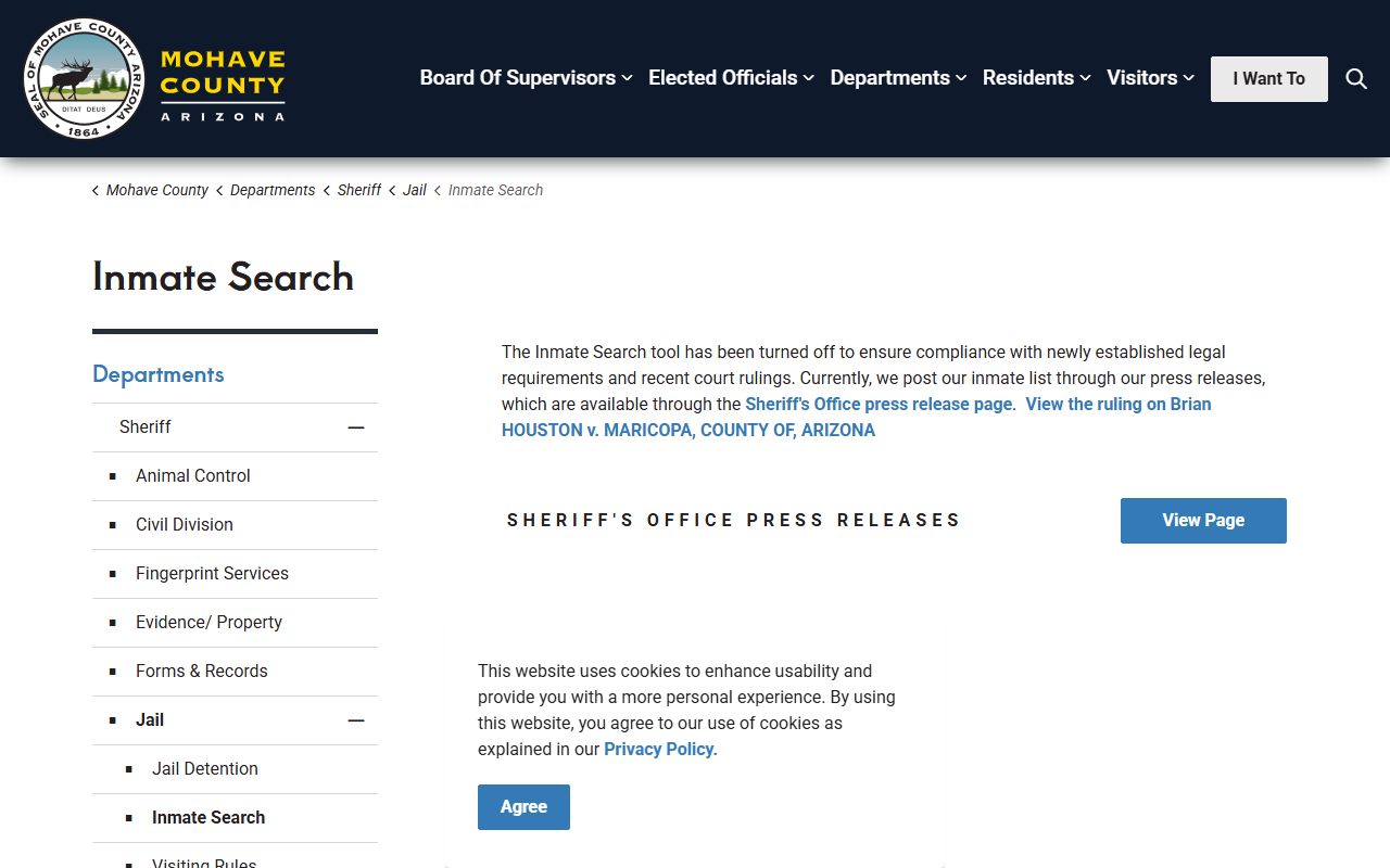 Mohave County Sheriff inmate search page showing offline status
