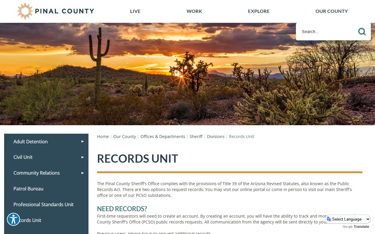 Pinal County Sheriff Records Unit information page