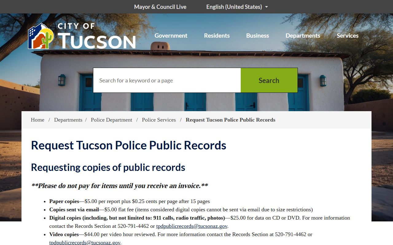Tucson Police Department public records request page