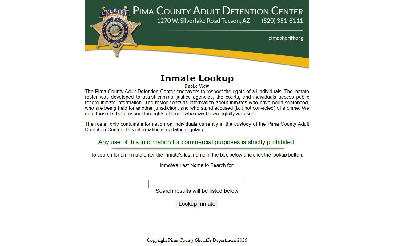 Pima County Sheriff inmate search portal for booking records