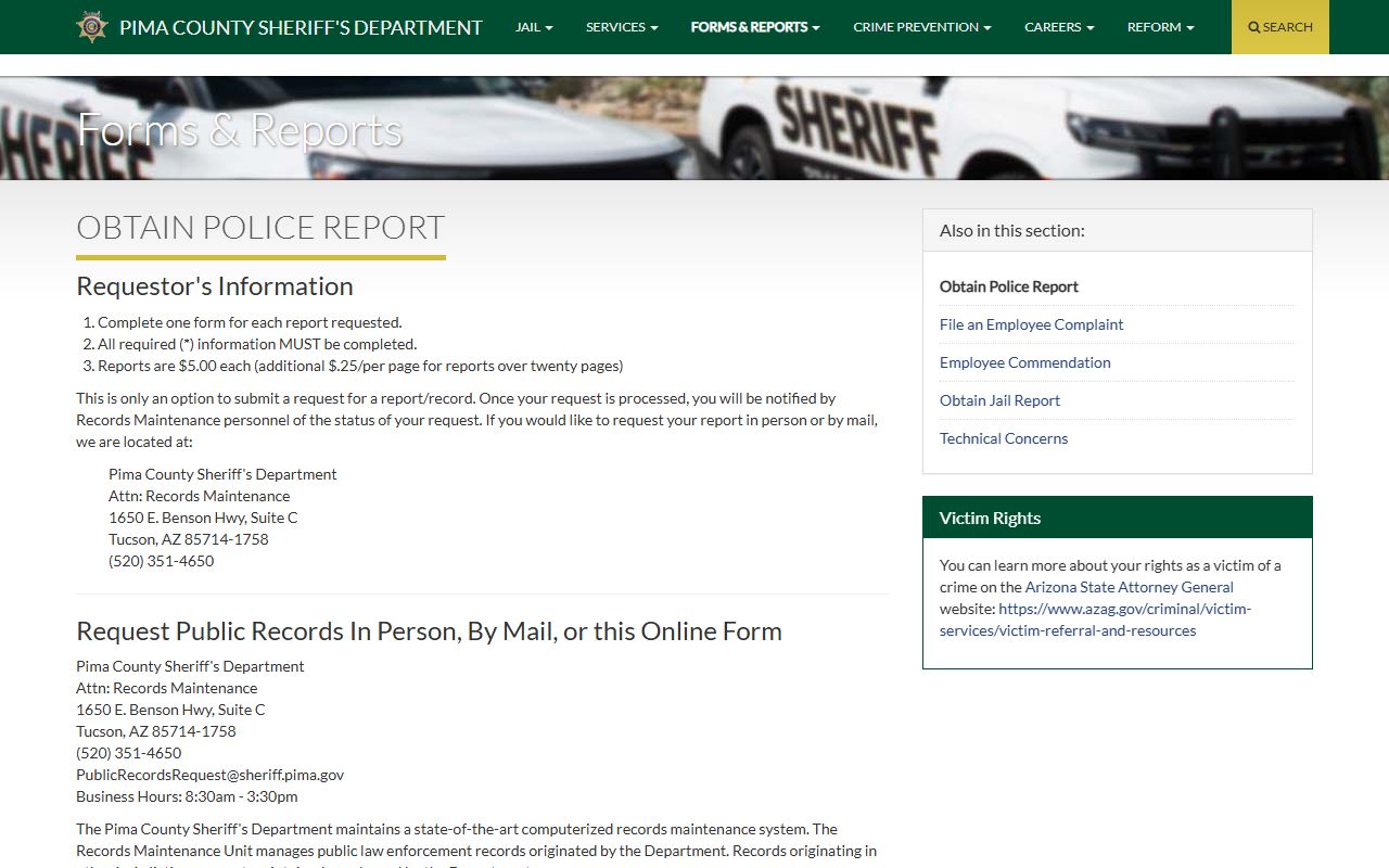 Pima County Sheriff incident report request page