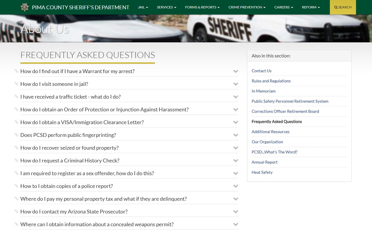 Pima County Sheriff FAQ page with jail information