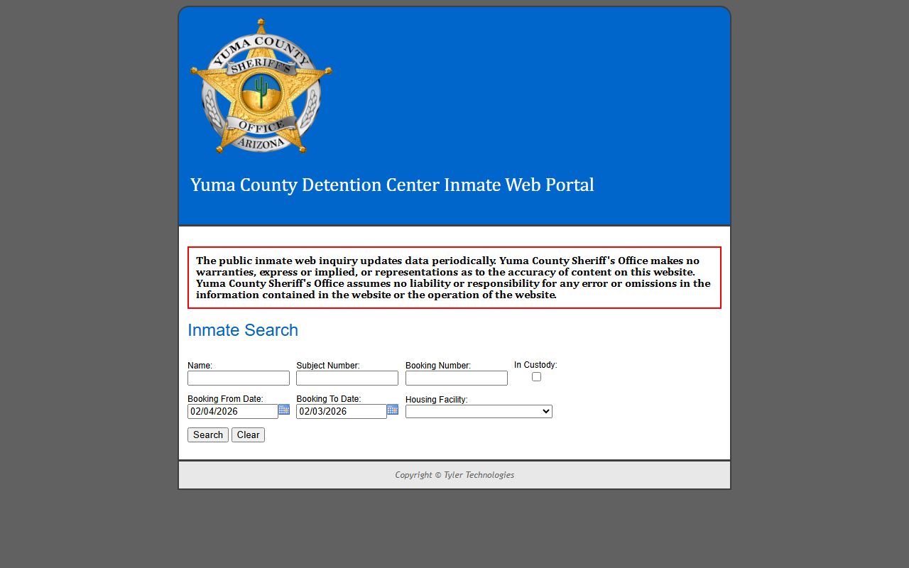 Yuma County Sheriff online inmate search portal