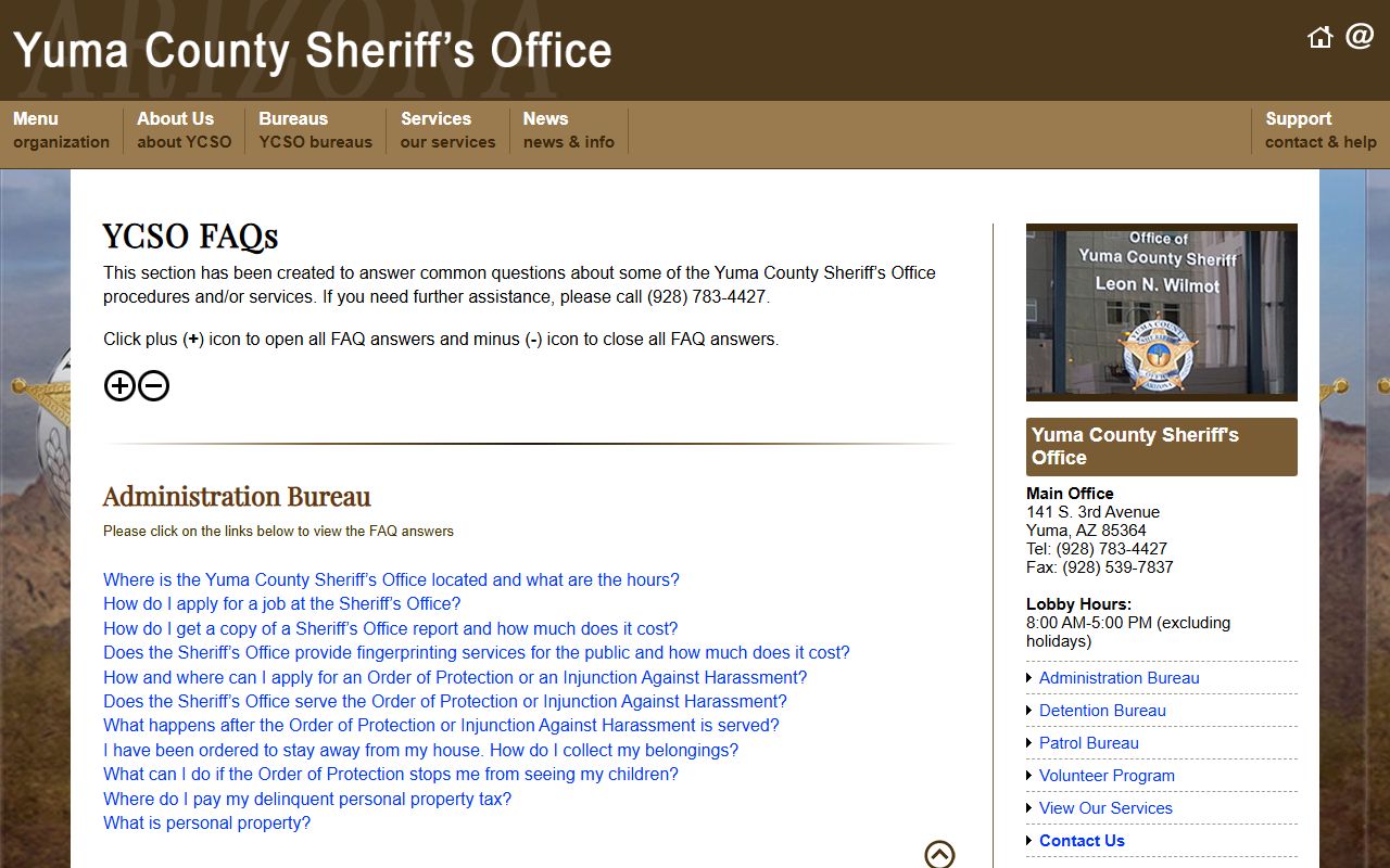 Yuma County Sheriff FAQ page with records information