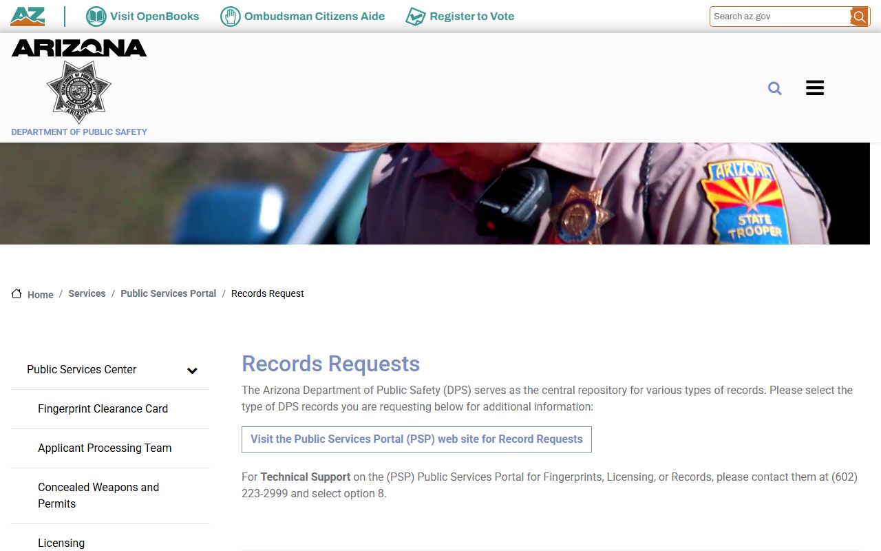 Arizona DPS records request page for booking information